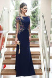 Sheath Long Sleeves Navy Blue Prom Dresses With Floral Embroidery HZ0527