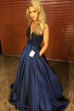 A Line Plunge Neckline Beaded Navy Blue Prom Dresses Pockets Cheap Evening Dresses HZ0527