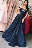 Lace A-line Dark Blue Long Prom Dress,V Neck Evening Dresses HZ0527
