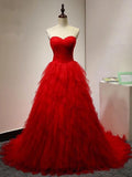 Chic Sweetheart A Line Zipper Back Red Ruffles Cheap Long Prom Dress HZ0527