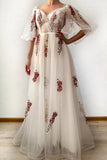 A Line Ivory Half Sleeves Floral Appliques Tulle Long Prom Dresses HZ0527