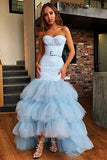 Sky Blue Tulle Sweetheart Neck Long Layered Evening Dress Cheap Prom Dresses HZ0527