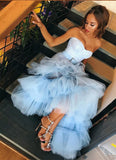 Sky Blue Tulle Sweetheart Neck Long Layered Evening Dress Cheap Prom Dresses HZ0527