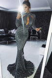 Sexy Long Sleeves Sequin Mermaid Shinning Sweep Train Cheap Prom Dresses HZ0527