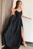 Stunning A-line Spaghetti Straps Long Black Prom Dress with Split HZ0527