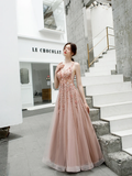 Promfast A Line V Neck Beaded Long Tulle Zipper Back Prom Dresses HZ0527