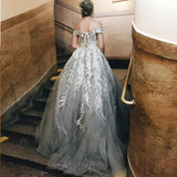 Off the Shoulder Grey Tulle Applique Charming Cheap Long Ball Gown Prom Dress HZ0527
