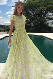 A-Line Lace Cap Sleeves Daffodil Tulle Long Prom Dress with Appliques HZ0527