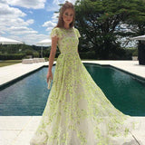 A-Line Lace Cap Sleeves Daffodil Tulle Long Prom Dress with Appliques HZ0527