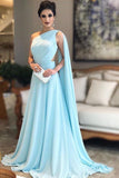 Light Blue One Shoulder Chiffon Formal Prom Gown, Simple Bridesmaid Dresses HZ0527