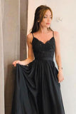Stunning A-line Spaghetti Straps Long Black Prom Dress with Split HZ0527