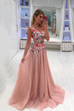 A Line Broad Straps Floral Appliqued Prom Dress, Cheap Long Tulle Evening Dresses HZ0527