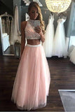 Two Pieces A Line Beading Tulle Long Prom Dresses Cheap Pink Evening Dress HZ0527