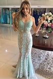 Vintage Mint Lace Mermaid Prom Dresses V Neck Elegant Formal Party Dress HZ0527