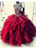 Royal Blue Organza High Neck Quinceanera Dresses Burgundy Beading Prom Dresses HZ0527