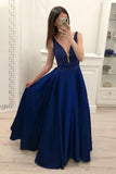 Royal Blue Beading A Line Satin Prom Dress, Cheap Long Evening Dresses HZ0527