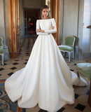 Simple Ivory Long Sleeves Satin A Line Wedding Dresses HZ0527