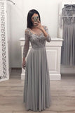 A Line Gray Chiffon Long Sleeves Prom Dresses, Cheap Appliques Evening Gown HZ0527