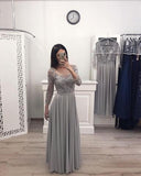 A Line Gray Chiffon Long Sleeves Prom Dresses, Cheap Appliques Evening Gown HZ0527