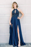 Halter Beaded Navy Blue Long Prom Dresses with Slit Elegant Formal Party Dress HZ0527