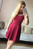 Simple A-Line Jewel Burgundy Short Satin Homecoming Dress HZ0527