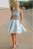 Two Piece High Neck Pockets Satin Short Light Blue Beaded Homecoming Dress HZ0527