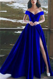 Elegant V-neck Off The Shoulder Long Satin Prom Dresses With Slit HZ0527