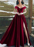 Elegant V-neck Off The Shoulder Long Satin Prom Dresses With Slit HZ0527