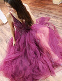 A Line Purple Tulle Beading Long Prom Dresses with Appliques HZ0527