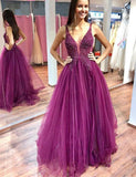 A Line Purple Tulle Beading Long Prom Dresses with Appliques HZ0527