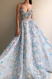 A-Line Lace Spaghetti Straps Long Light Blue Prom Dress HZ0527