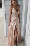 Sexy Spaghetti Straps Beaded Long A-Line Side Slit Prom Dresses HZ0527
