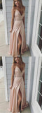 Sexy Spaghetti Straps Beaded Long A-Line Side Slit Prom Dresses HZ0527