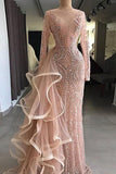 Chic Pink Sheath Long Sleeve Beading Ruffles Tulle Prom Dress HZ0527