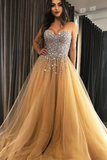 Promfast Sweetheart Champagne Tulle Sweep Train Prom Evening Dresses With Beading HZ0527