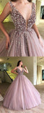 V Neck Tulle Long Ball Gown Prom Dress, Formal Evening Dress HZ0527