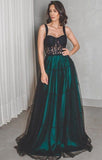 A Line Long Dark Green Black Straps Prom Dresses, Cheap Evening Gown HZ0527