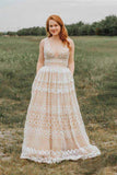Ivory V Neck Long Lace Plus Size Prom Dresses with Pocket Vintage Formal Dress HZ0527