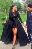 Vintage Long Sleeve Sexy Black A-Line Lace Satin Prom Dresses HZ0527
