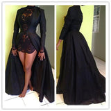 Vintage Long Sleeve Sexy Black A-Line Lace Satin Prom Dresses HZ0527