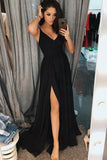 Simple A-Line Spaghetti Straps Floor Length Black Prom Dress with Split HZ0527