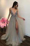 Long Backless Grey Sexy Prom Dresses with Slit Cheap Beaded Evening Gowns HZ0527