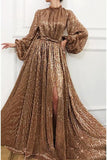 Charming A Line Long Sleeve Sequin High Neck Prom Dresses HZ0527