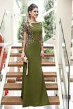 Sheath Long Sleeves Olive Green Prom Dresses With Floral Embroidery HZ0527