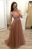 A Line V Neck Tulle Long Beaded Prom Dress, Cheap Evening Gown HZ0527