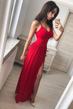 Simple Sexy Red Side Slit Spaghetti Straps Long Evening Prom Dresses HZ0527