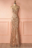 Mermaid Spaghetti Straps Rose Gold Long Sexy Prom Dress with Sequins HZ0527