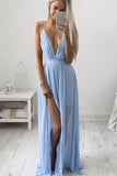 Sky Blue Chiffon Long V Neck Spaghetti Straps Simple Prom Dresses HZ0527