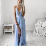 Sky Blue Chiffon Long V Neck Spaghetti Straps Simple Prom Dresses HZ0527