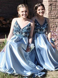 A-Line Spaghetti Straps Backless Blue Popular Prom Dress with Beading,Bridesmaid Dresses HZ0527